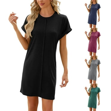 BLTIBY Womens Summer Dress 2024 Short Sleeve A-Line Mini Dress Casual Crew Neck Shift Dress Beach Sundress