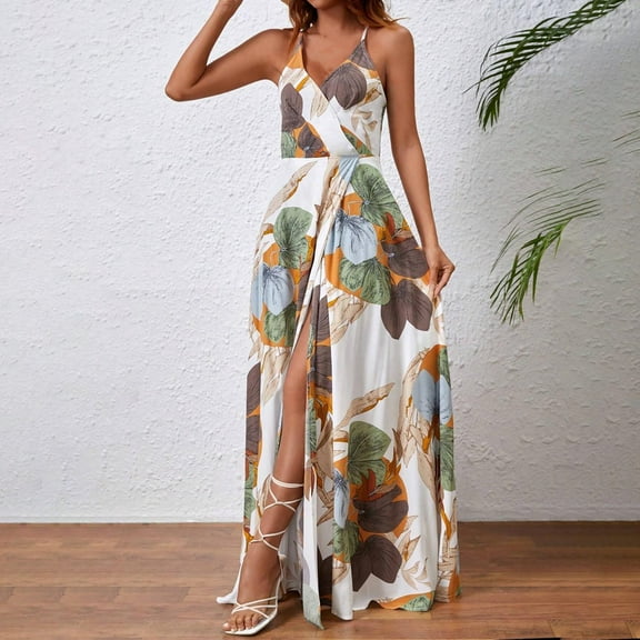BLTIBY Womens Summer Dress Printed Sleeveless V Neck Camisole Fashion Loose Casual High Split Long Dresses 2025 White M