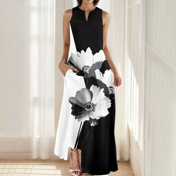 BLTIBY Womens Summer Dress Printed V Neck Long Dresses Beach Fashion Comfortable Sleeveless Dresses with Pockets 2025 Black XXL