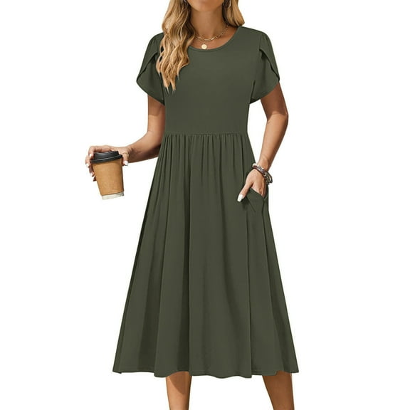 BLTIBY Womens Summer Dress Solid Color Round Neck Pleated Long Dresses Beach Fashion Comfortable Short Sleeve Dresses with Pockets 2025 Army Green L