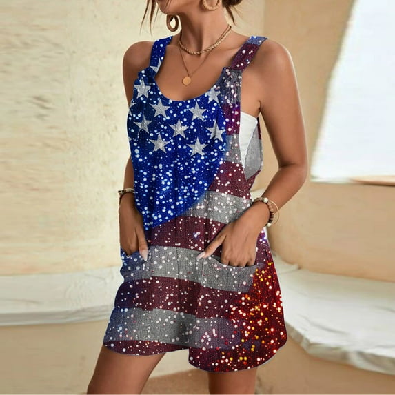 BLTIBY Womens Summer Suspender Shorts Overalls Independence Day Patriotic Printed Romper with Pockets 2025 Trendy Versatile Playsuit Multicolor 2 M