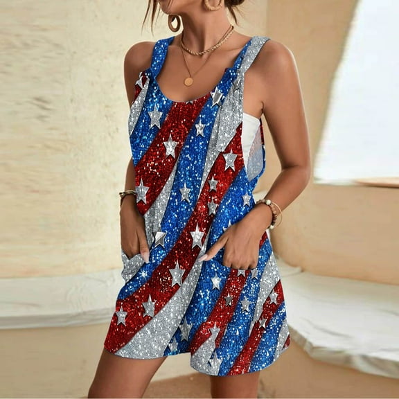 BLTIBY Womens Summer Suspender Shorts Overalls Independence Day Patriotic Printed Romper with Pockets 2025 Trendy Versatile Playsuit White 2 3XL