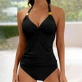 thumbnail image 1 of BLTIBY Womens Swimsuits 2 Piece Ruched Tankini Swimsuit V Neck Halter Neck Tie Back Bathing Suits with Triangle Panties Tummy Control Swimwear Black L, 1 of 7