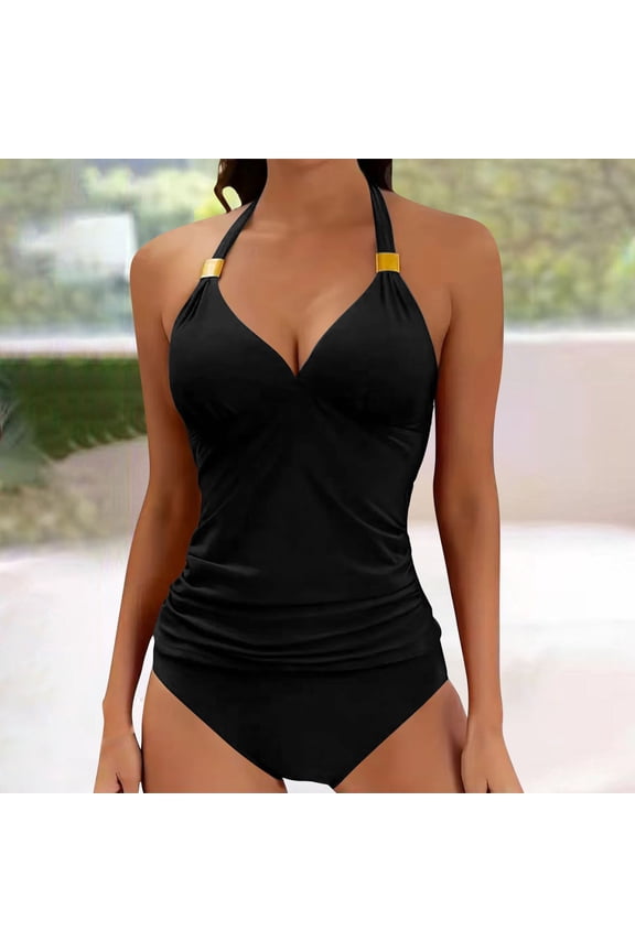Womens Swimsuits 2 Piece Ruched Tankini Swimsuit V Neck Halter Neck Tie Back Bathing Suits with Triangle Panties Tummy Control Swimwear Black XL