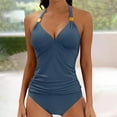 thumbnail image 1 of BLTIBY Womens Swimsuits 2 Piece Ruched Tankini Swimsuit V Neck Halter Neck Tie Back Bathing Suits with Triangle Panties Tummy Control Swimwear Light Blue L, 1 of 7