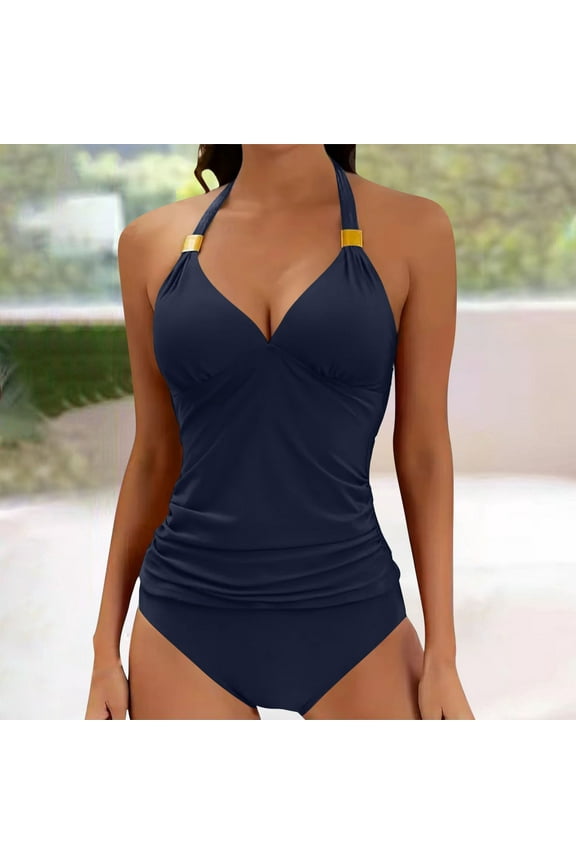 Womens Swimsuits 2 Piece Ruched Tankini Swimsuit V Neck Halter Neck Tie Back Bathing Suits with Triangle Panties Tummy Control Swimwear Navy L