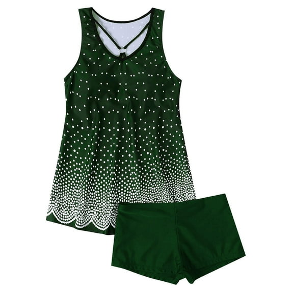 BLTIBY Womens Swimsuits 2 Piece Straps Tankini Swimsuit Round Neck Bathing Suits with Short Tummy Control Printed Swimwear 2025 Green M