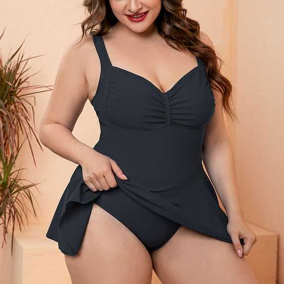 BLTIBY Womens Swimsuits Solid Color Slim Tummy Control Plus Size Swimsuit V Neck Sleeveless Bikini Bathing Suit One-Piece Swimwear Black M