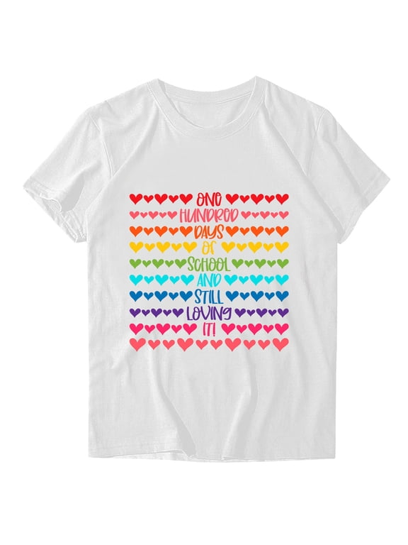 Womens T-Shirt 100 Days of School and Still Loving It Hearts Teacher Short Sleeve Round Neck Blouse Pullover Tops White XL