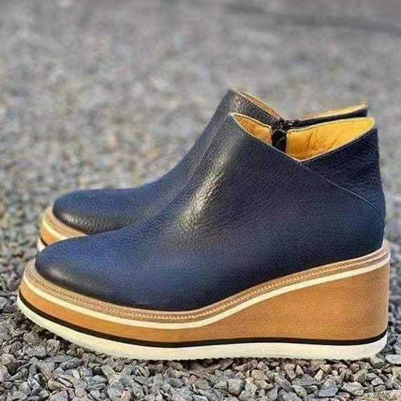 BLTIBY Womens Thick Sole Slope Heels Shoes Round Toe Leather Plastic Solid Colour Fashion Plus Size Casual Shoes with Side Zipper Blue 37