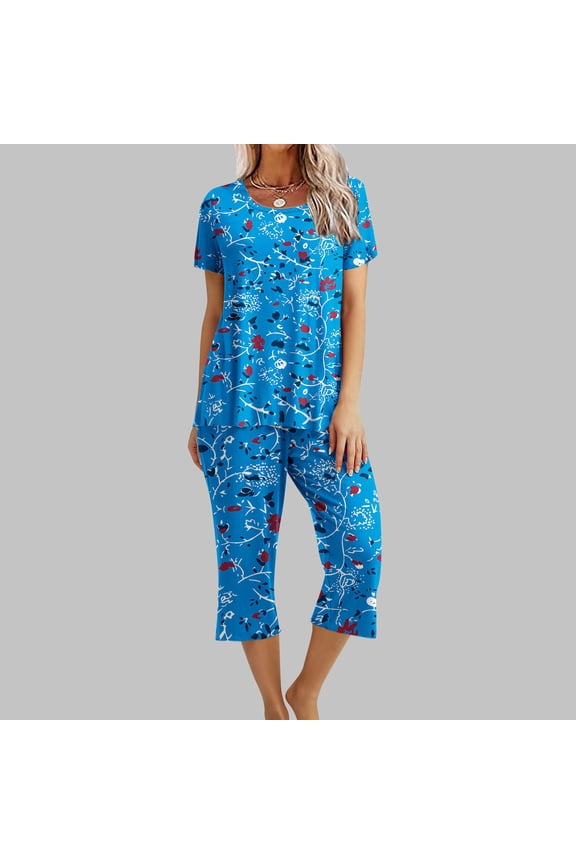 Womens Two Piece Suit Summer Fall Short Sleeve Round Neck Printed Tops Pants Set Pajama Fashion Casual Sleepwear with Pockets 2025 Dark Blue XXL