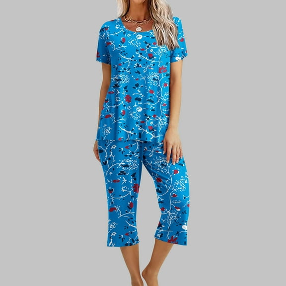 BLTIBY Womens Two Piece Suit Summer Fall Short Sleeve Round Neck Printed Tops Pants Set Pajama Fashion Casual Sleepwear with Pockets 2025 Dark Blue XXL