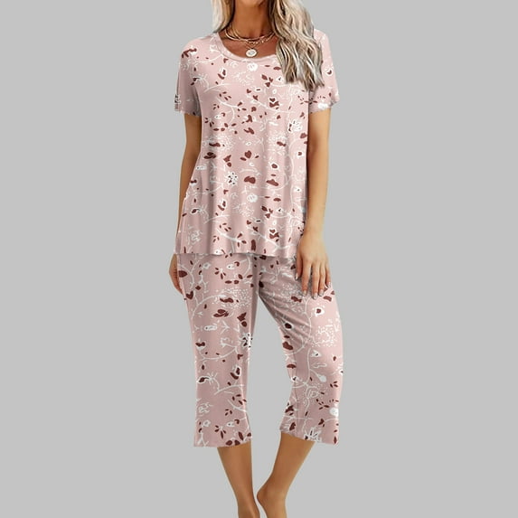 BLTIBY Womens Two Piece Suit Summer Fall Short Sleeve Round Neck Printed Tops Pants Set Pajama Fashion Casual Sleepwear with Pockets Pink M