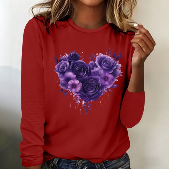 BLTIBY Womens Valentine Shirts Love Heart Printed Sweater Crewneck Long Sleeve Pullover Blouse Casual Fashion Valentines the Day Tops Red 2 L