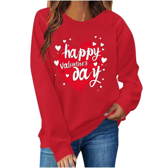 BLTIBY Womens Valentine Shirts Print Sweater Crewneck Long Sleeve Pullover Blouse Casual Fashion Valentines the Day Top Red 2 L