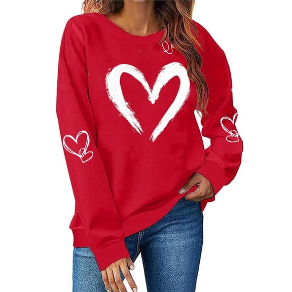 BLTIBY Womens Valentine Shirts Print Sweater Crewneck Long Sleeve Pullover Blouse Casual Fashion Valentines the Day Tops Red 2 XL