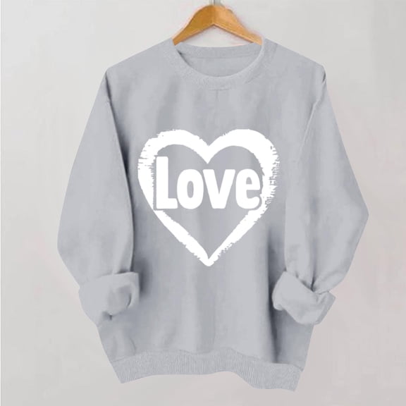 BLTIBY Womens Valentine Sweatshirts Love Heart Print Pullover Tops Cute Fashion Crew Neck Long Sleeve Holiday Blouse Clothes for Anniversary Dating Gray 2 XS
