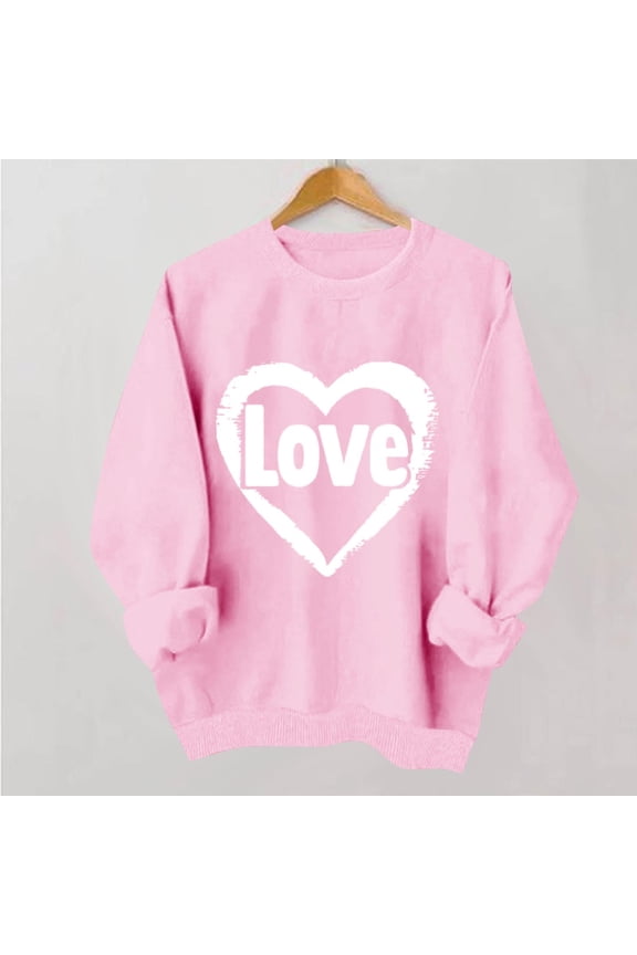 Womens Valentine Sweatshirts Love Heart Print Pullover Tops Cute Fashion Crew Neck Long Sleeve Holiday Blouse Clothes for Anniversary Dating Pink 2 XS
