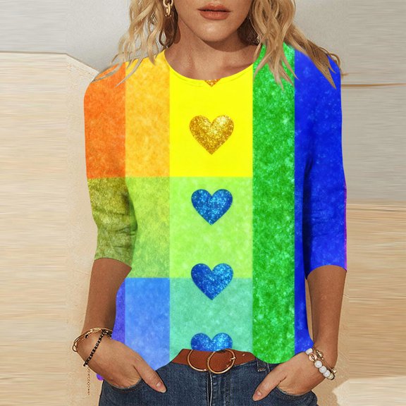 BLTIBY Womens Valentine Sweatshirts Love Heart Printed Pullover Top 3/4 Sleeve Round Neck Holiday Blouse for Anniversary Dating Multicolor 9 XL