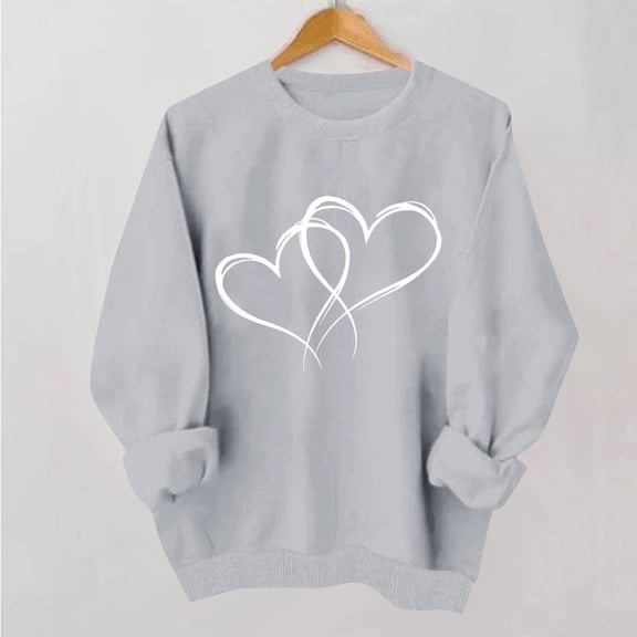 BLTIBY Womens Valentine Sweatshirts Love Heart Printed Pullover Tops Fashion Cute Long Sleeve Crew Neck Holiday Blouse for Anniversary Dating Gray 2 L
