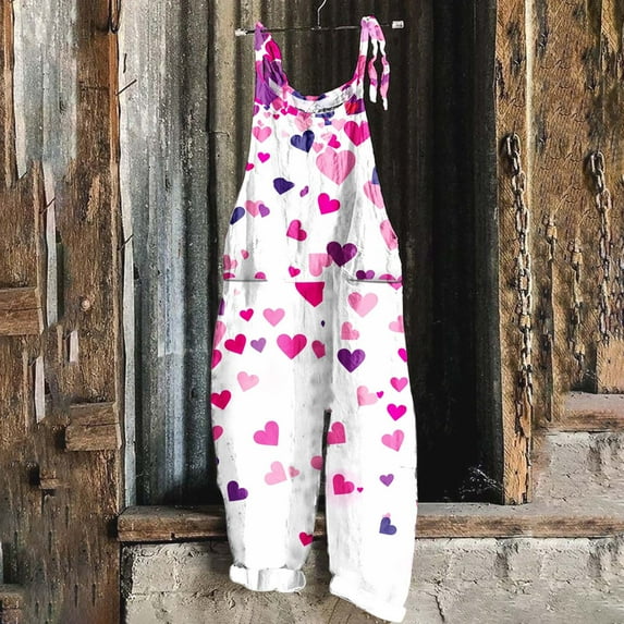 BLTIBY Womens Valentine's Day Jumpsuits Heart Love Printed Adjustable Straps Overall Rompers Oversized Fashion Wide Leg Jumpsuit with Pockets Hot Pink XL