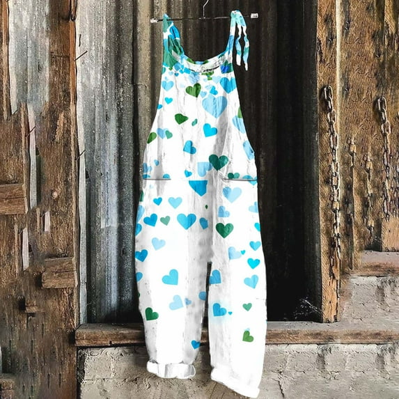 BLTIBY Womens Valentine's Day Jumpsuits Heart Love Printed Adjustable Straps Overall Rompers Oversized Fashion Wide Leg Jumpsuit with Pockets Blue L