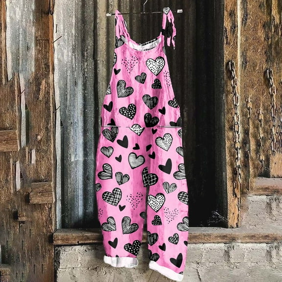BLTIBY Womens Valentine's Day Jumpsuits Love Heart Printed Adjustable Straps Overall Rompers Oversized Wide Leg Jumpsuit with Pockets Pink XXL