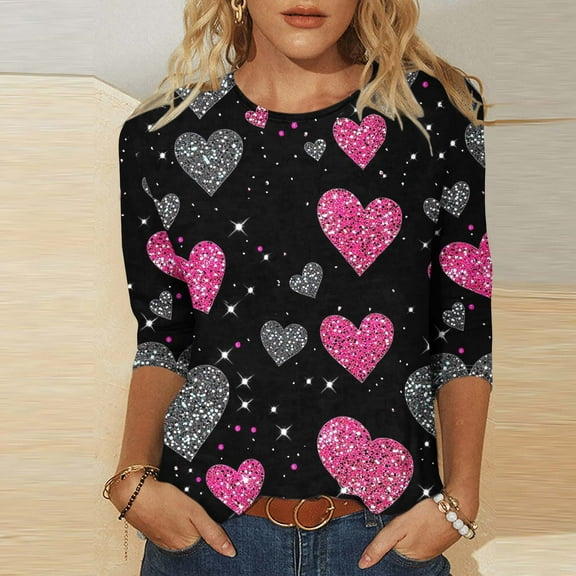 BLTIBY Womens Valentine's Day Sweatshirts Printed 3/4 Sleeve Round Neck Casual T Shirt Ladies Tops Blouses Shirts Fashion Lightweight Multicolor 2 L