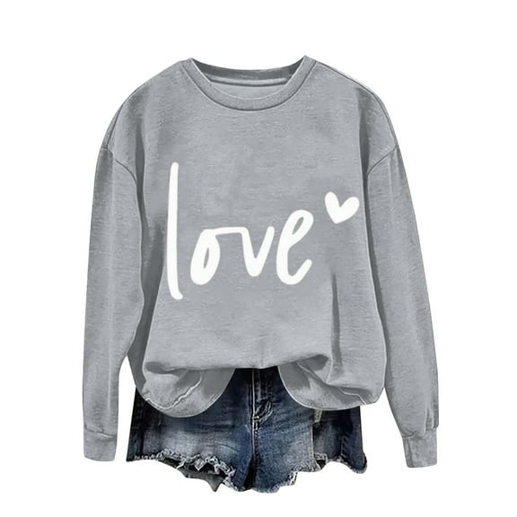 BLTIBY Womens Valentine's Day Sweatshirts Printed Pullover Long Sleeve Crewneck Tops Ladies Casual Loose Fashion Comfort Blouse Gray XXL