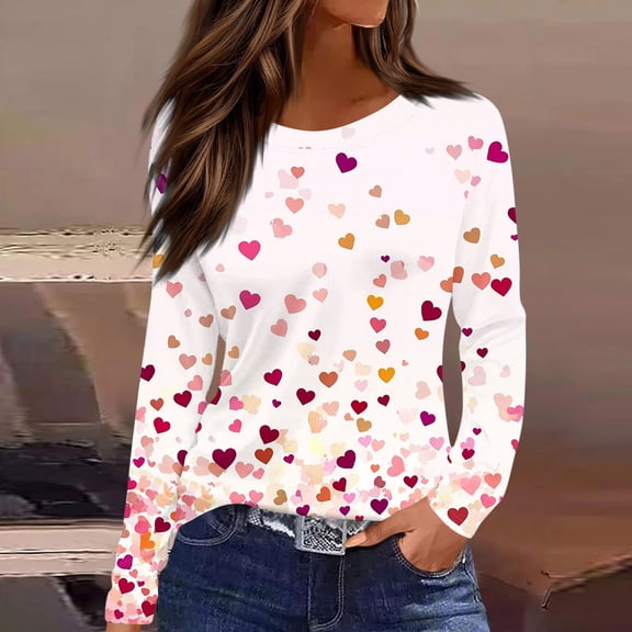BLTIBY Womens Valentine's Day Sweatshirts Printed Pullover Long Sleeve Round Neck Top Fashion Casual Blouse Pink XXL