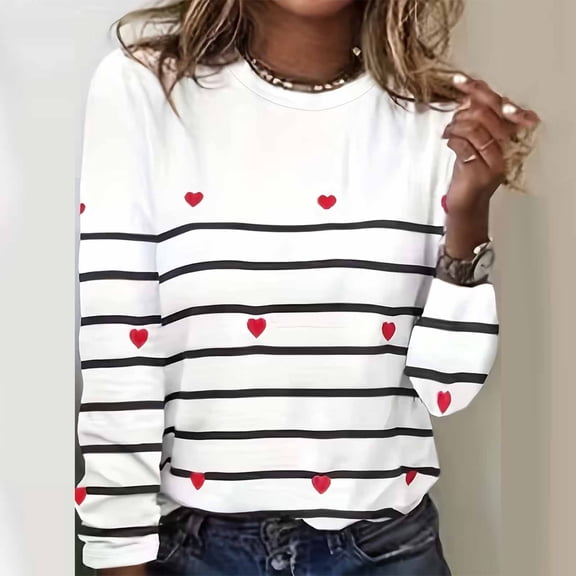 BLTIBY Womens Valentine's Day Sweatshirts Printed Pullover Long Sleeve Round Neck Tops Fashion Casual Blouse Red L