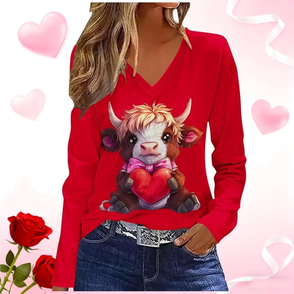 BLTIBY Womens Valentine's Day Sweatshirts Printed Pullover Long Sleeve V Neck Top Fashion Casual Blouse Red L