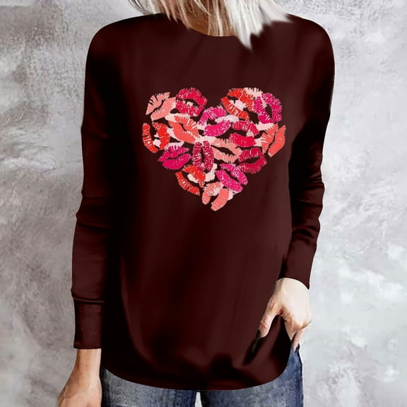 BLTIBY Womens Valentine's Day Sweatshirts Printed Summer Round Neck Long Sleeve Shirts Casual Fashion Pullover Blouse Top Gray S