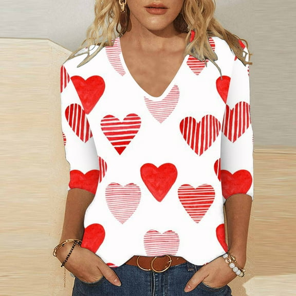BLTIBY Womens Valentine's Day Sweatshirts Printed Summer Spring V Neck Short Sleeve Shirts Casual Fashion Pullover Blouse Tops White XL