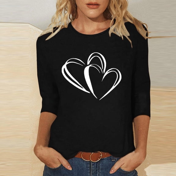 BLTIBY Womens Valentines Day Shirts Love Heart Print 3/4 Sleeve Crew Neck T-shirt Holiday Loose Casual Pullover Tops Black 2 XL