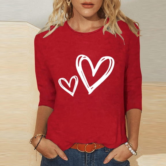 BLTIBY Womens Valentines Day Shirts Love Heart Print 3/4 Sleeve Crew Neck T-shirt Holiday Loose Casual Pullover Tops Red 4 XL