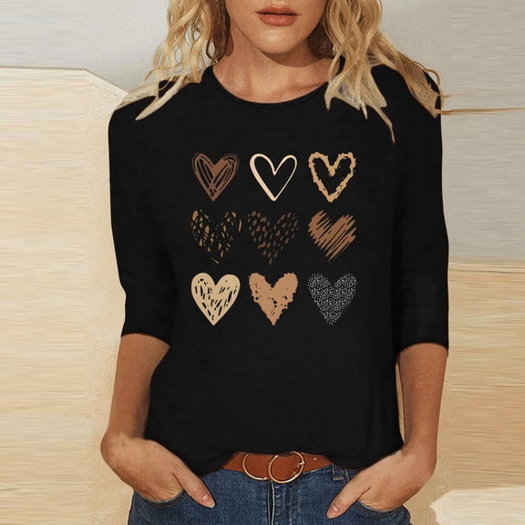 BLTIBY Womens Valentines Day Shirts Love Heart Print Round Neck 3/4 Sleeve T-shirt Holiday Loose Casual Pullover Tops Black 3 5XL