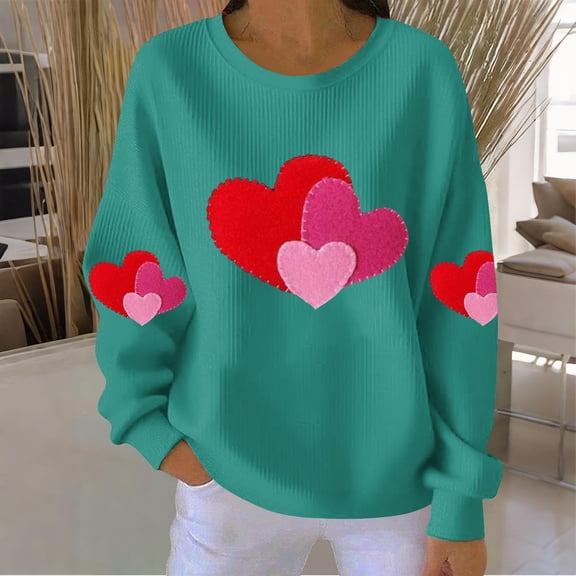 BLTIBY Womens Valentines Day Sweatshirts Love Heart Print Pullover Blouse Round Neck Long Sleeve Loose Casual Fashion Top Light Blue S