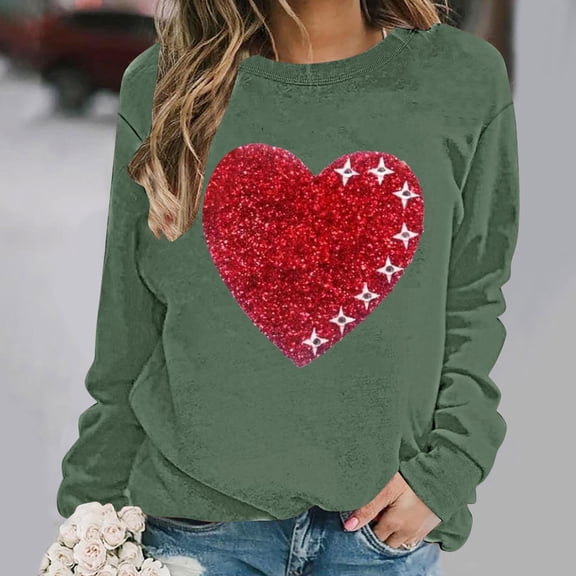 BLTIBY Womens Valentines Day Sweatshirts Love Heart Printed Pullover Blouse Long Sleeve Crew Neck Casual Loose Fashion Tops Army Green L