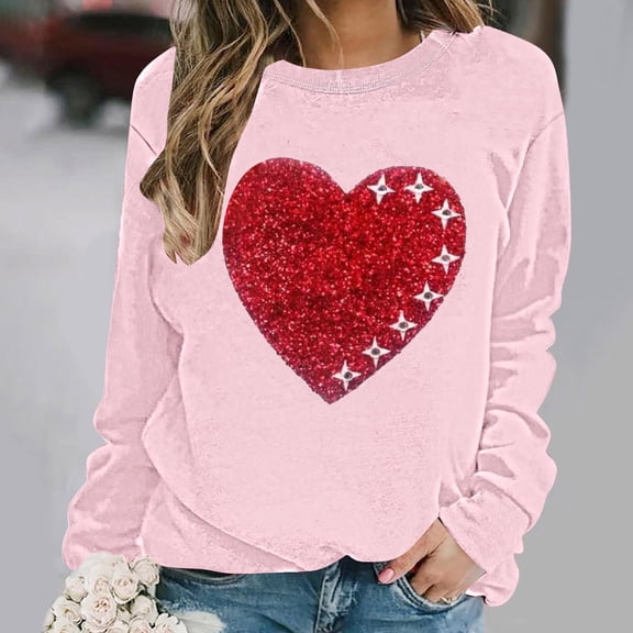 BLTIBY Womens Valentines Day Sweatshirts Love Heart Printed Pullover Blouse Long Sleeve Crew Neck Casual Loose Fashion Tops Pink 3XL