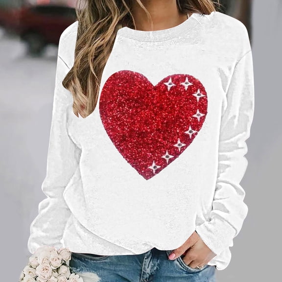 BLTIBY Womens Valentines Day Sweatshirts Love Heart Printed Pullover Blouse Long Sleeve Crew Neck Casual Loose Fashion Tops White 3XL