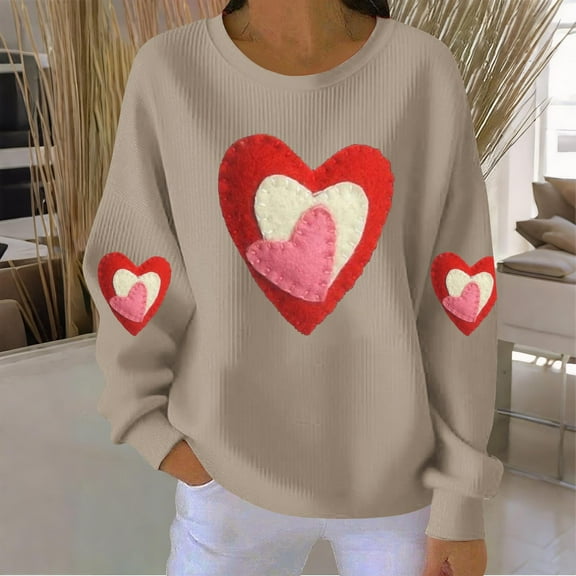 BLTIBY Womens Valentines Day Sweatshirts Love Heart Printed Pullover Blouse Long Sleeve Round Neck Loose Casual Fashion Tops Khaki M