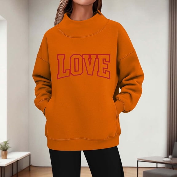 BLTIBY Womens Valentines Day Sweatshirts Printed Half Highneck Pullover Tops Round Neck Long Sleeve Casual Loose Stylish Blouse with Pockets Orange L