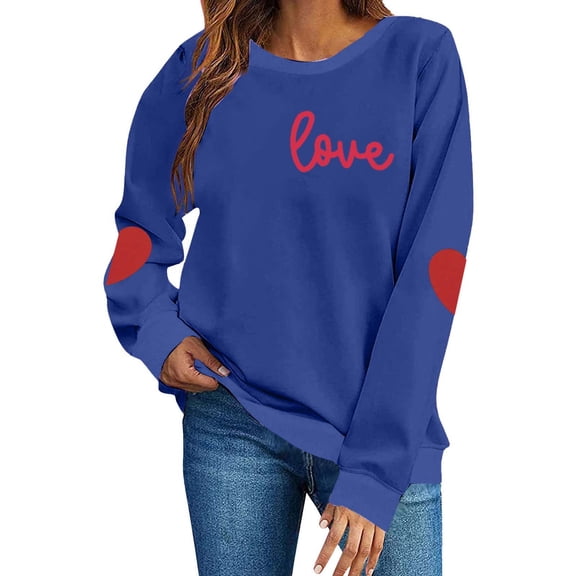 BLTIBY Womens Valentines Day Sweatshirts Printed Pullover Tops Round Neck Long Sleeve Casual Loose Fashion Blouse Blue S