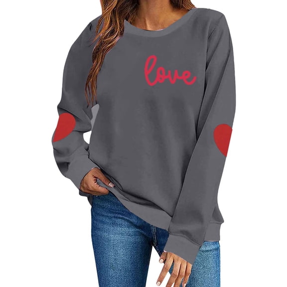 BLTIBY Womens Valentines Day Sweatshirts Printed Pullover Tops Round Neck Long Sleeve Casual Loose Fashion Blouse Dark Gray XL