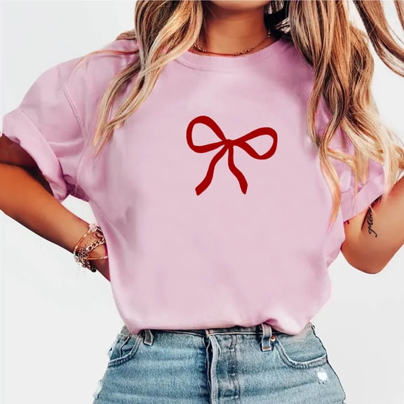 BLTIBY Womens Valentines Shirts Summer Short Sleeve Crewneck Bow Graphic Tops Casual Fashion Pullover Blouse Pink S