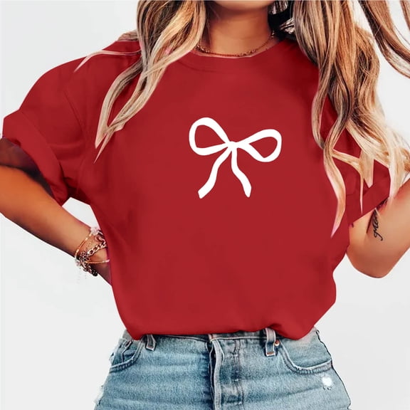 BLTIBY Womens Valentines Shirts Summer Short Sleeve Crewneck Bow Graphic Tops Casual Fashion Pullover Blouse Red XL