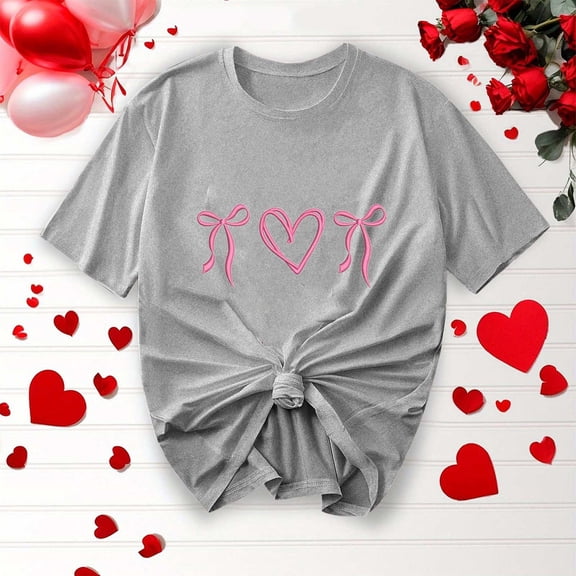 BLTIBY Womens Valentines Shirts Summer Short Sleeve Crewneck Love Heart Printed Top Casual Fashion Pullover Blouse Gray 2 L