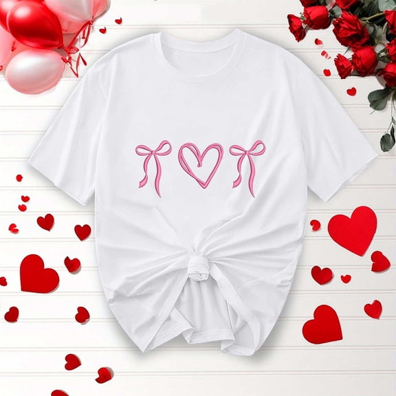 BLTIBY Womens Valentines Shirts Summer Short Sleeve Crewneck Love Heart Printed Top Casual Fashion Pullover Blouse White 2 XL