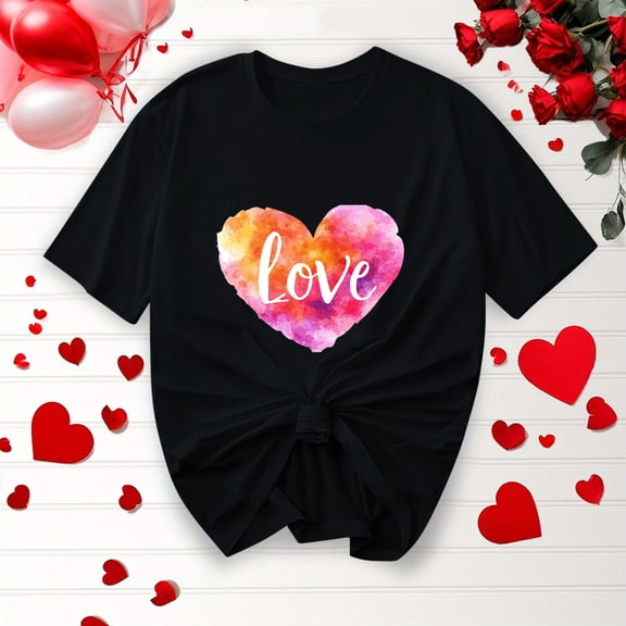 BLTIBY Womens Valentines Shirts Summer Short Sleeve Crewneck Love Heart Printed Tops Casual Fashion Pullover Blouse Black 2 L